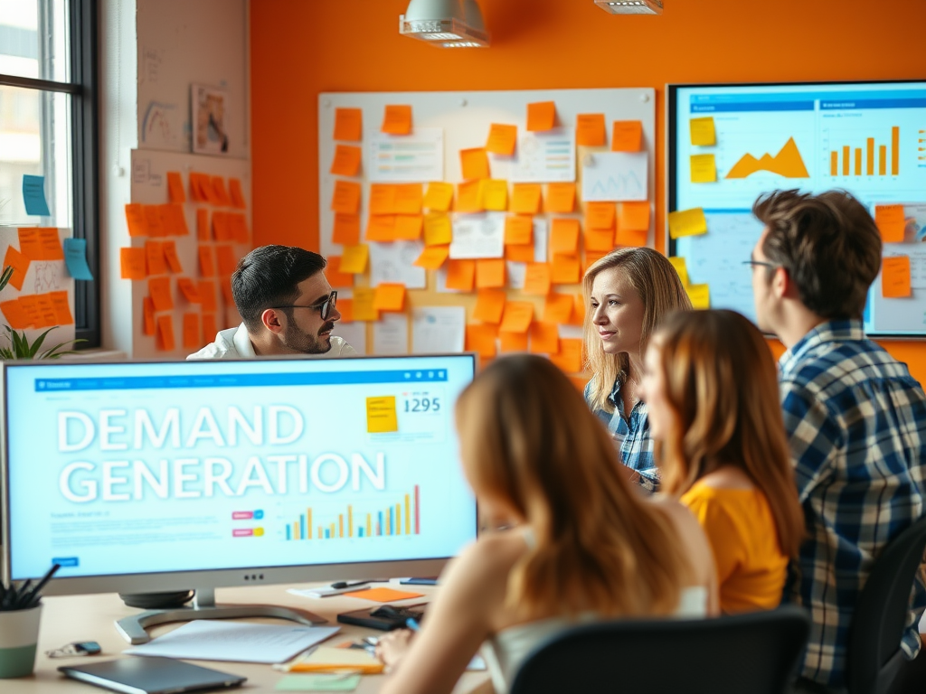 A group meeting in a bright office discussing demand generation, with charts and sticky notes on the walls.