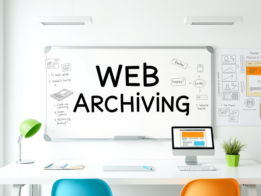 A modern office setting features a whiteboard labeled "Web Archiving" with various notes and diagrams around it.