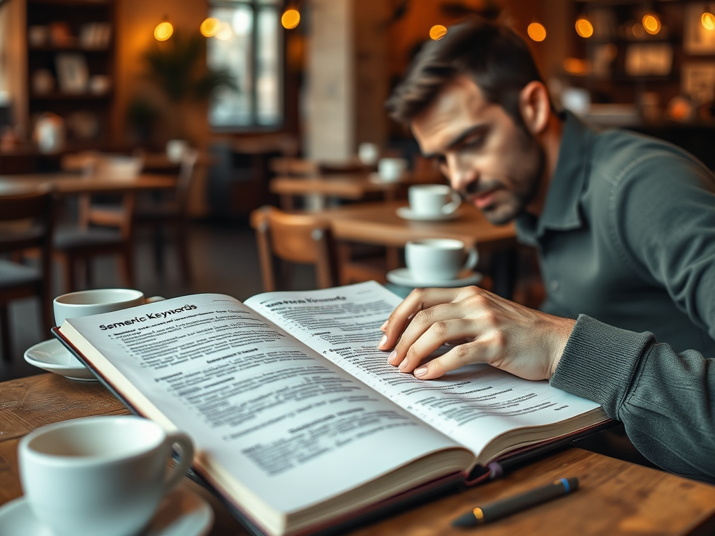 A man reading a book titled "Semantic Keywords" in a cozy café, with coffee cups on the table.