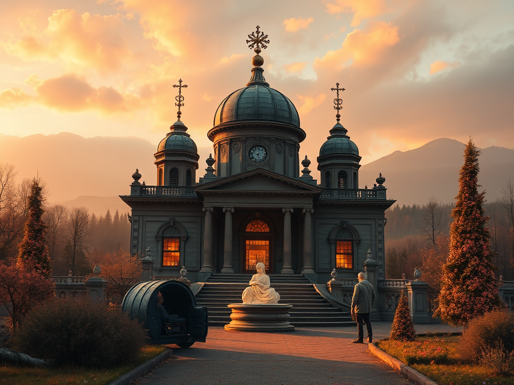 A grand, ornate building stands at sunset, with a statue and a person gazing at it amidst trees and mountains.