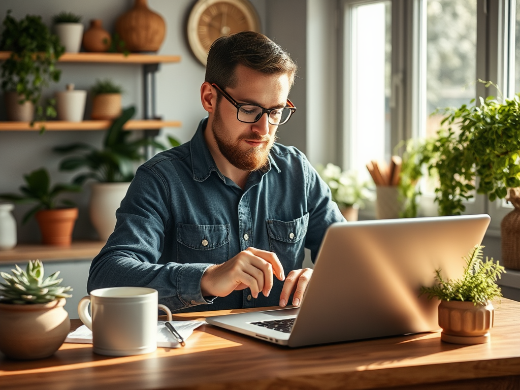 A man with glasses is working on a laptop at a wooden desk surrounded by plants and natural light.