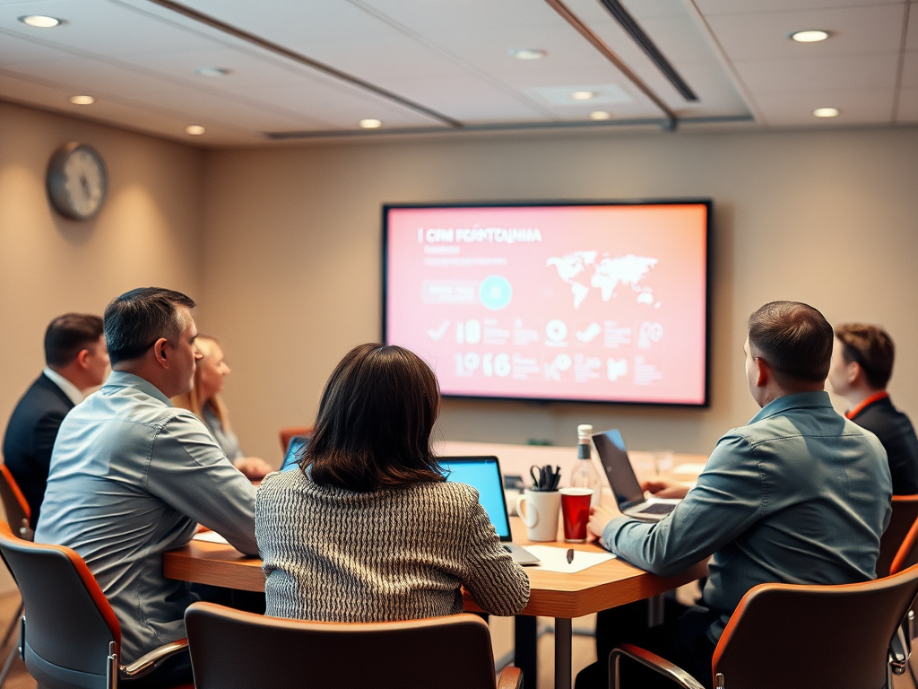 A group of professionals sits around a table, focusing on a presentation displayed on a screen.