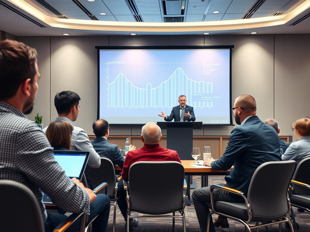 A speaker presents data on a screen to an audience seated at a conference room, engaging with the attendees.