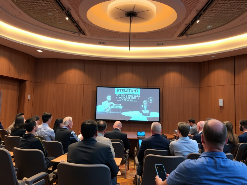 A presentation in a conference room with an audience facing a screen displaying "KTEATUNT" and a speaker.