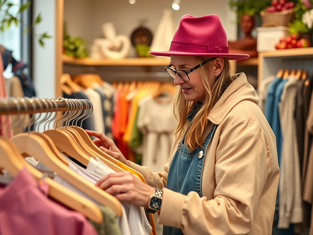 A woman in a pink hat browses clothing on hangers in a stylish clothing store, focusing intently on her choices.