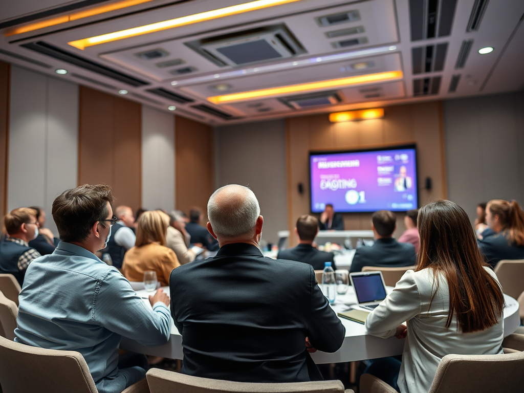 A group of professionals attentively listening to a speaker at a conference in a modern meeting room.