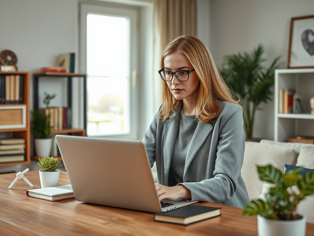 A woman in a gray blazer works on a laptop at a wooden desk surrounded by plants and bookshelves.