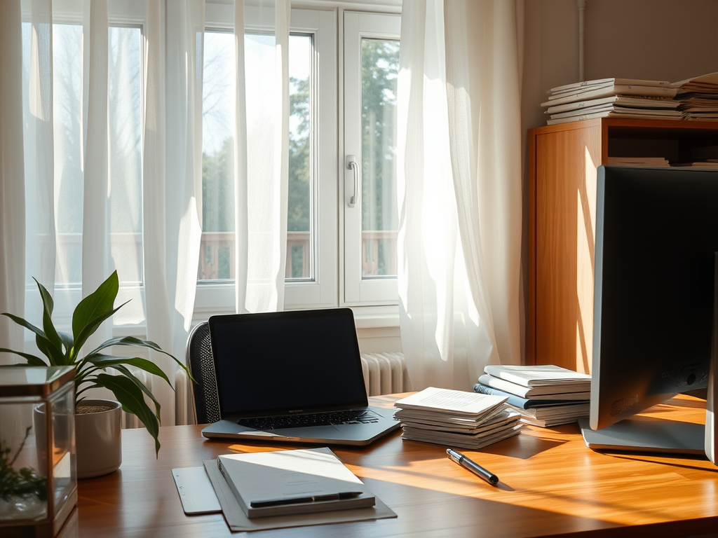 A bright home office with a laptop, a potted plant, and stacks of notebooks beside a window with sheer curtains.