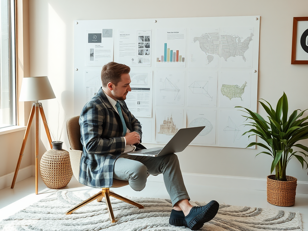 A man in a checked blazer sits on a chair, working on a laptop, surrounded by charts and plants in a bright room.