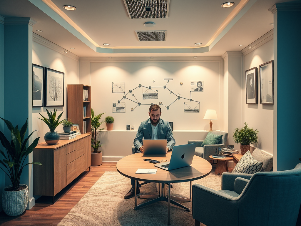 A man in a blue suit works on a laptop in a modern office with plants and framed artwork on the walls.