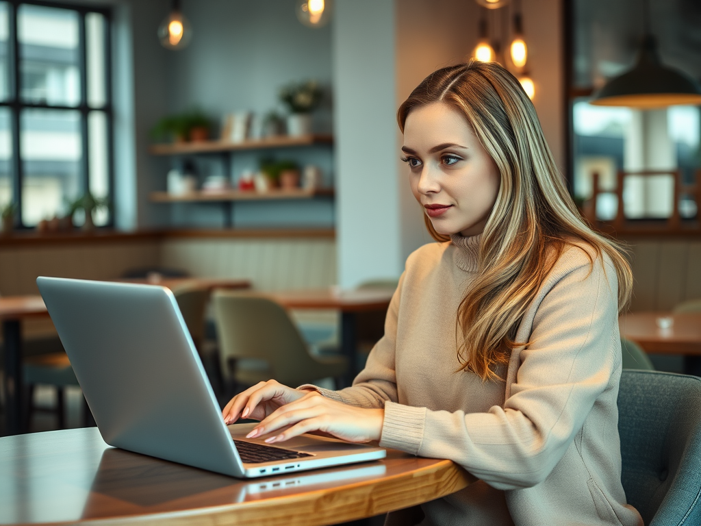 A focused young woman in a sweater types on a laptop at a cozy café with warm lighting and wooden furniture.