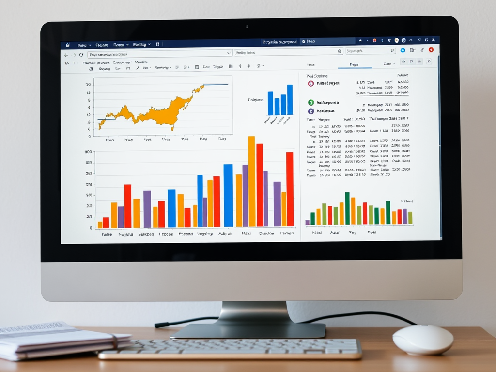 A computer screen displays various colorful graphs and charts with data analysis and statistics on a wooden desk.