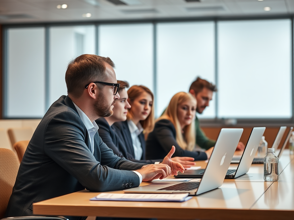A group of professionals seated at a table, engaged in discussion with laptops open in a modern office setting.
