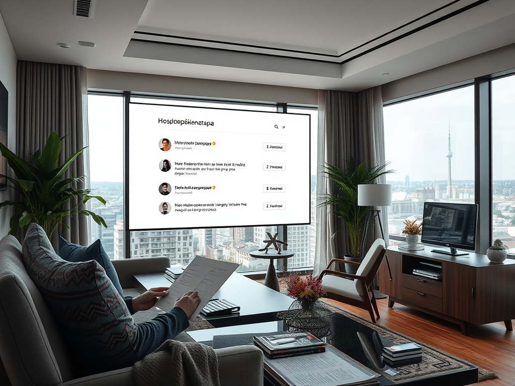 A person reading a document in a modern living room, with a large screen displaying comments and a city view outside.