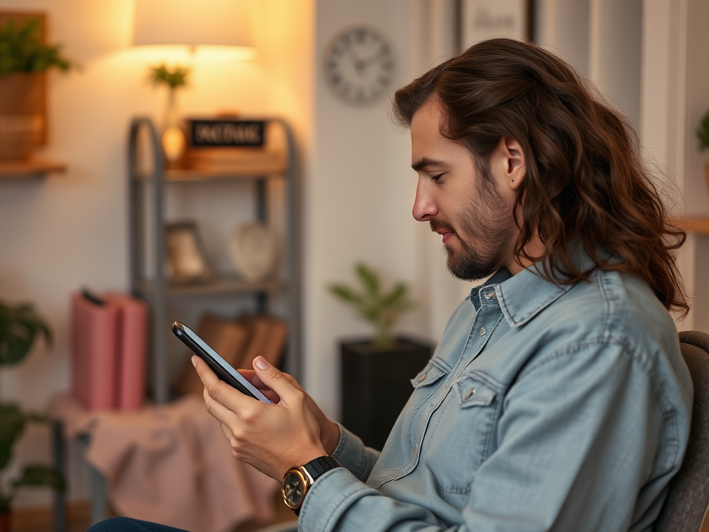 A man with long hair sits on a chair, looking at his smartphone in a cozy room filled with plants and books.