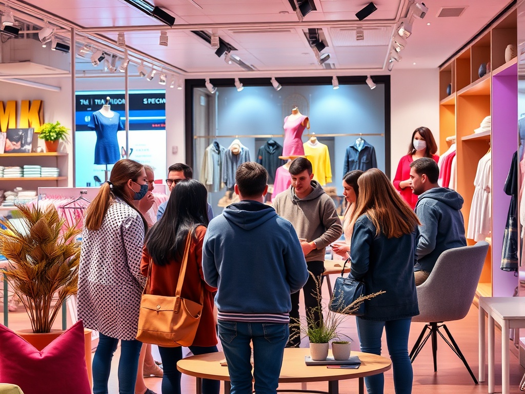 A group of people chatting inside a clothing store, surrounded by displays of various garments and stylish decor.