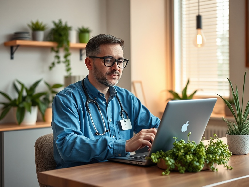 A healthcare professional in a blue shirt works on a laptop in a bright, plant-filled office space.