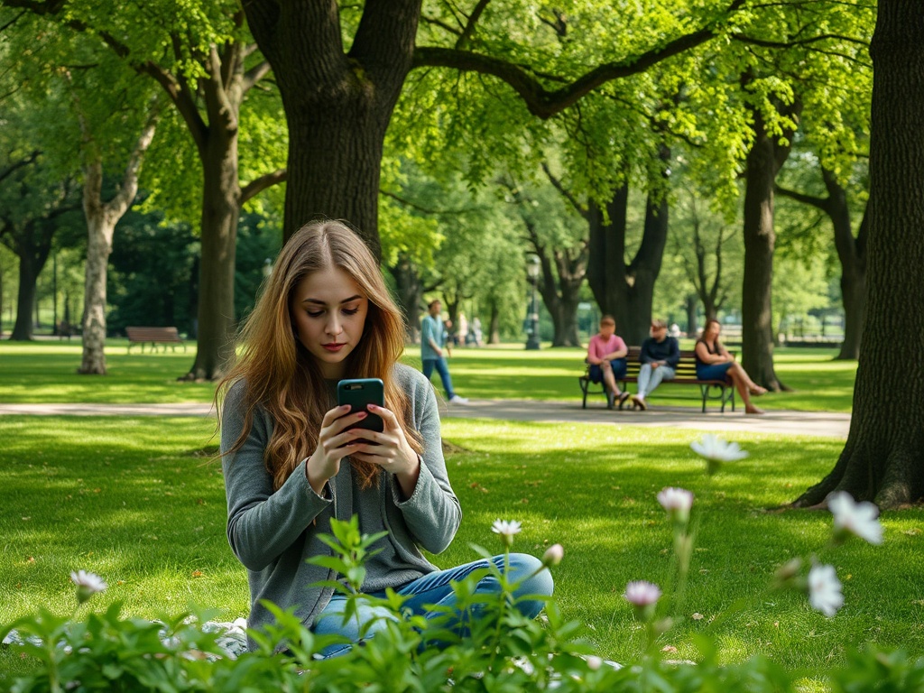 A young woman sits on grass in a park, focused on her phone, surrounded by trees and flowers. Others relax in the background.