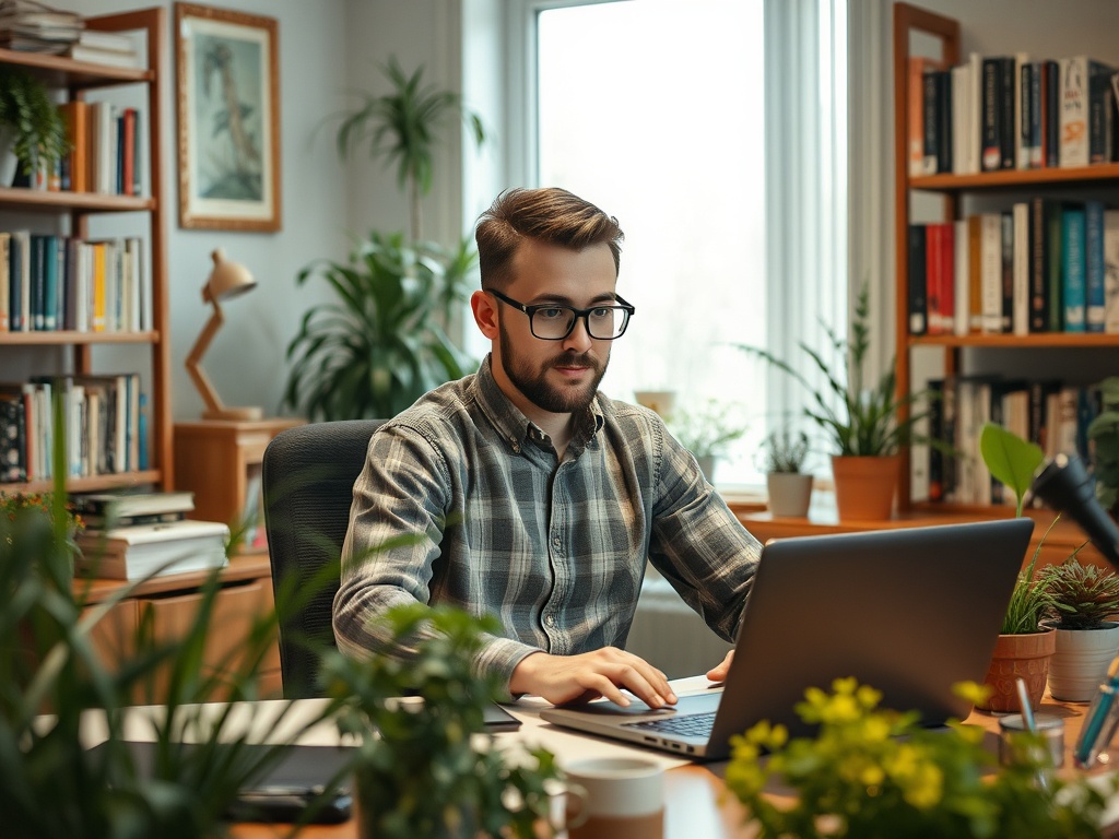 A person in a checked shirt works on a laptop in an organized office filled with books and plants.