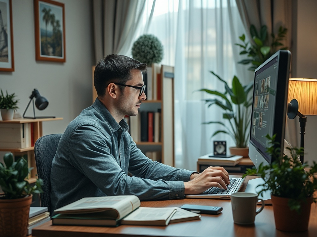 A focused man working on a computer in a cozy, plant-filled home office with books and a cup nearby.