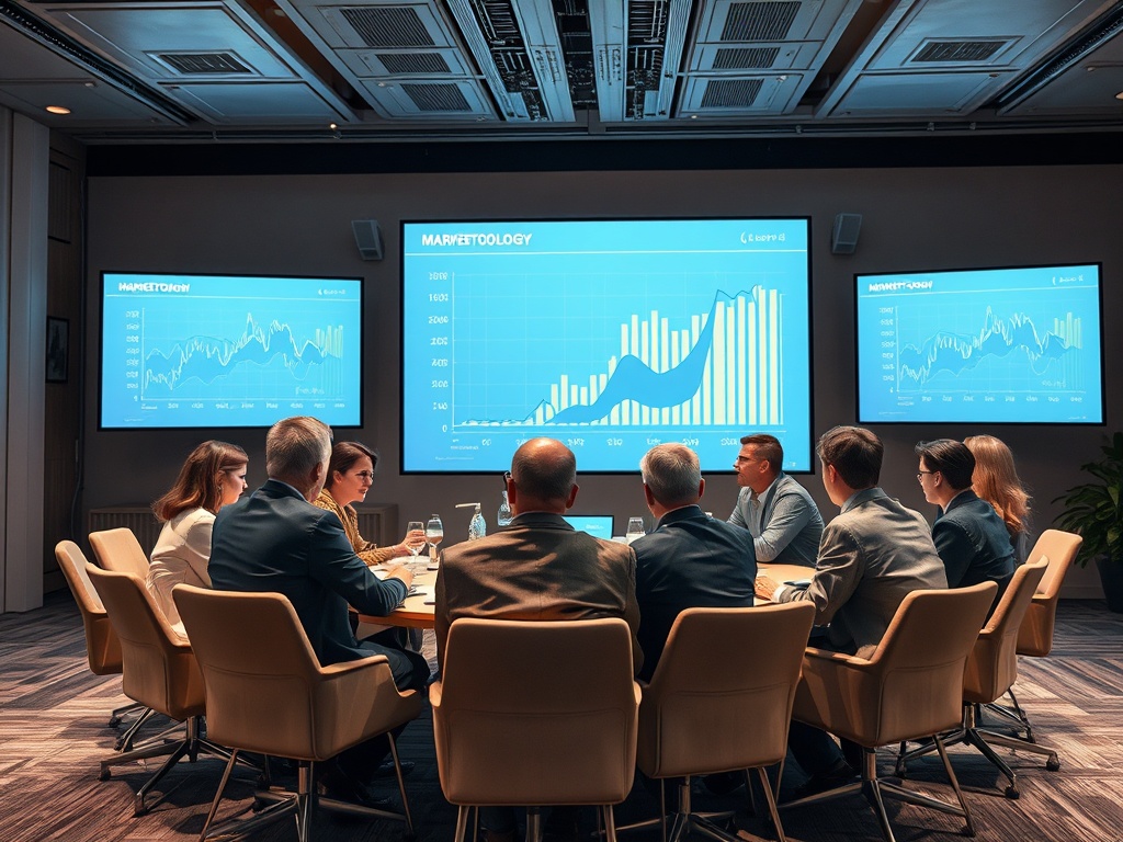 A business meeting in a conference room with graphs displayed on screens; participants discussing strategies.
