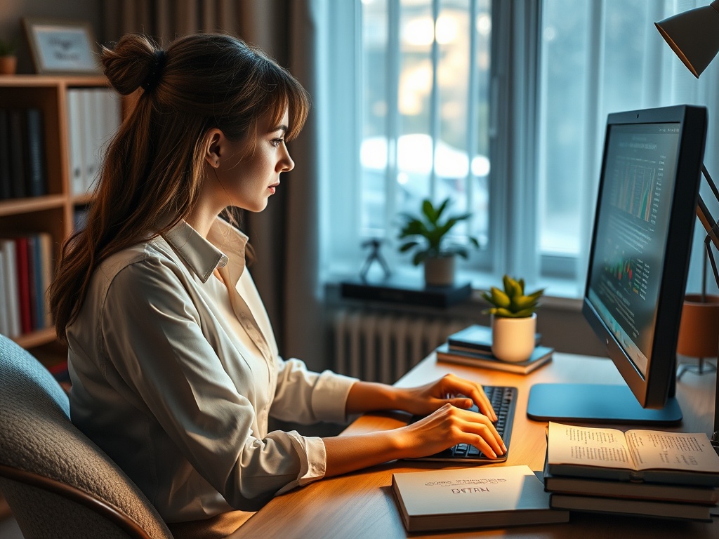 A woman in a white blouse works intently on a computer in a well-lit home office with books and plants around her.