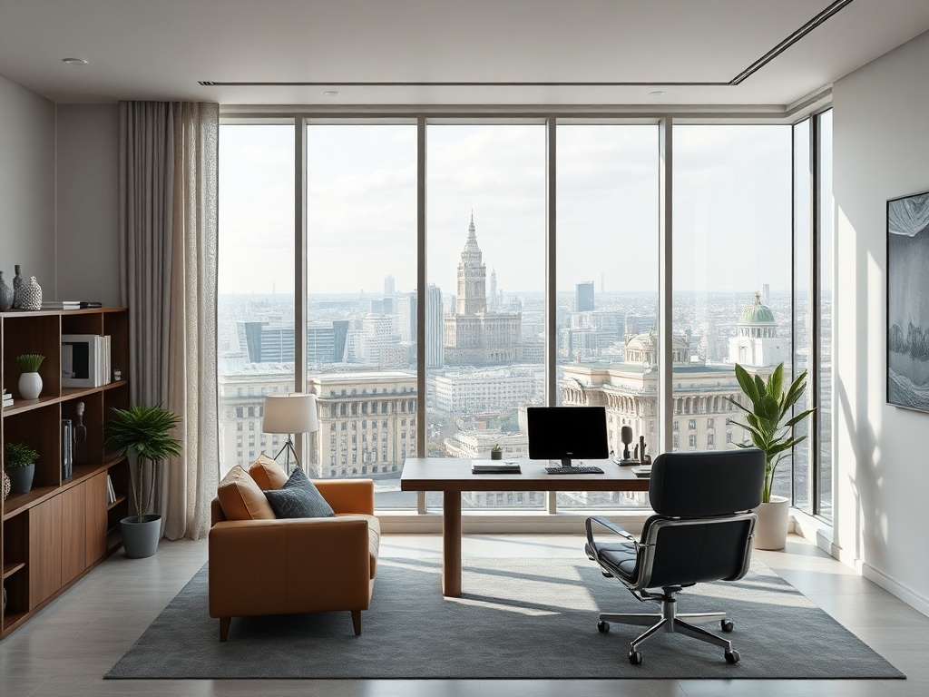 A modern office with large windows offering a cityscape view, featuring a desk, chair, and plants.