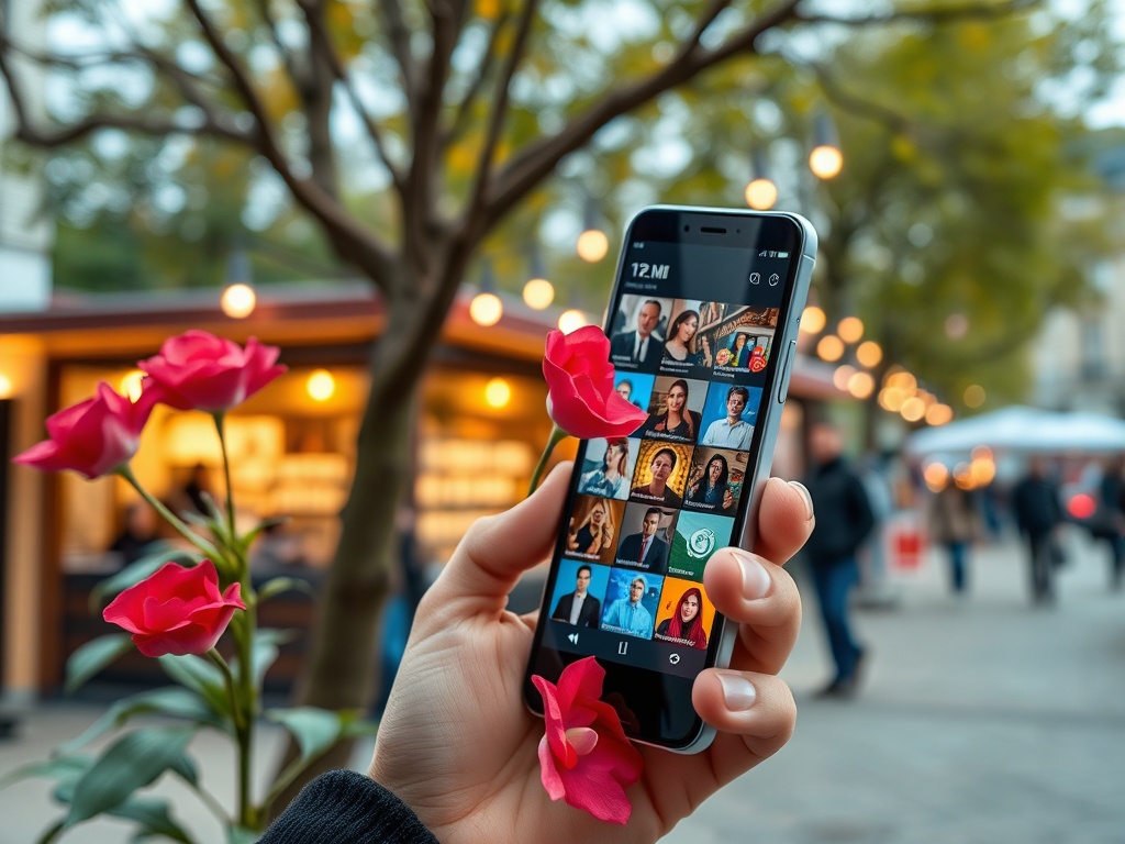 A hand holds a smartphone displaying a grid of portraits, with pink flowers in the foreground and a street in the background.