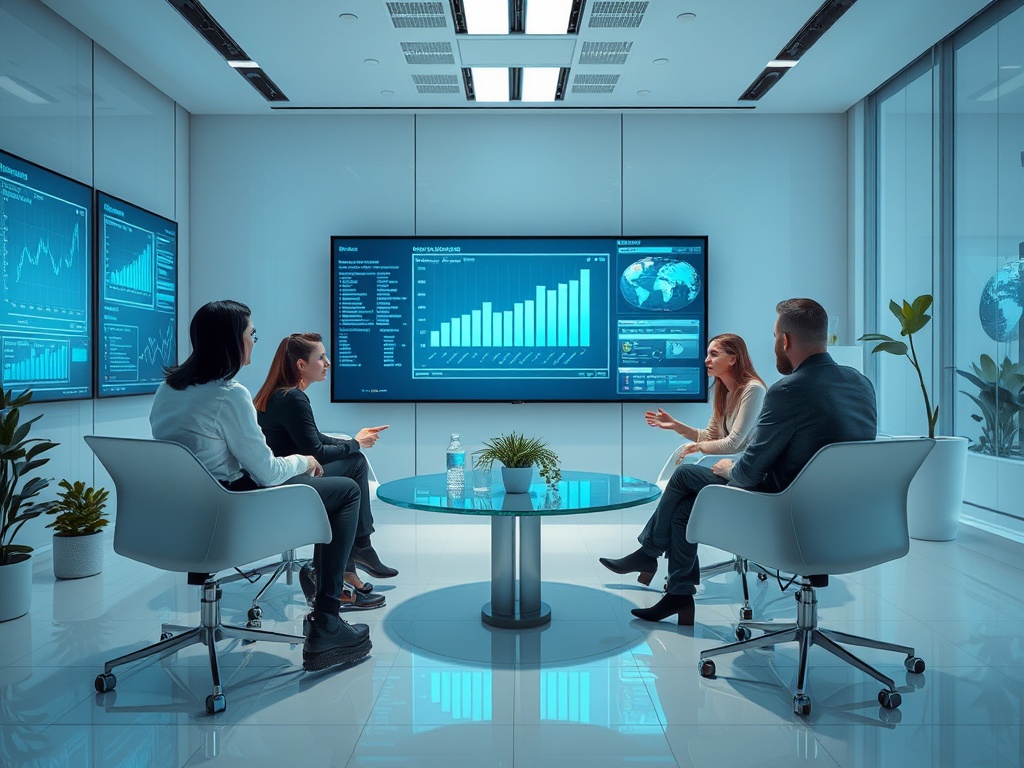 A modern conference room with four professionals discussing data displayed on screens and a central glass table.