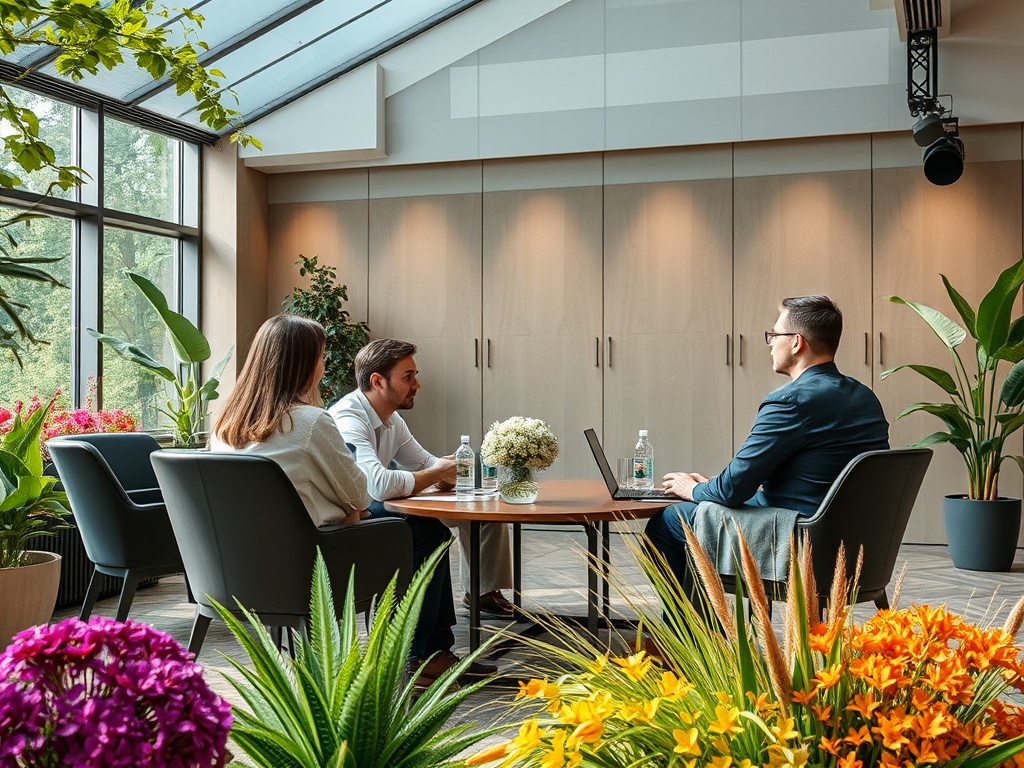 Two people are seated at a table discussing in a bright room filled with plants and colorful flowers.