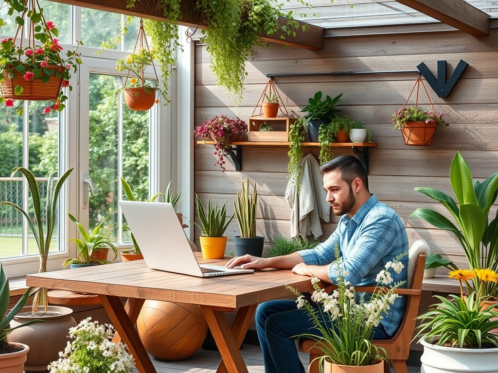 A man works on a laptop at a wooden table surrounded by lush plants in a bright, sunny indoor garden.
